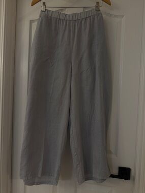 Eileen Fisher XL Women 100% Organic Linen Wide Leg Pants Blue Gray Pull On